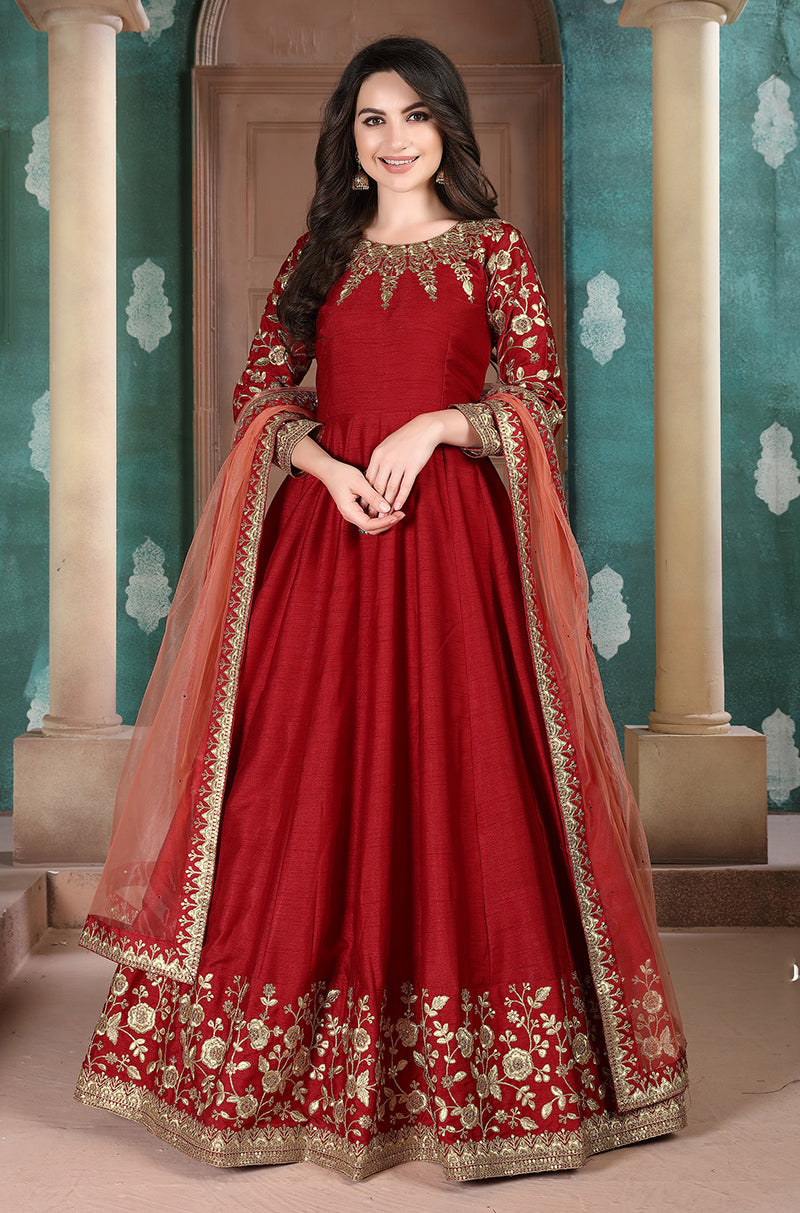 Monjolika Fashion Red Color Silk Embroidered Anarkali Suit