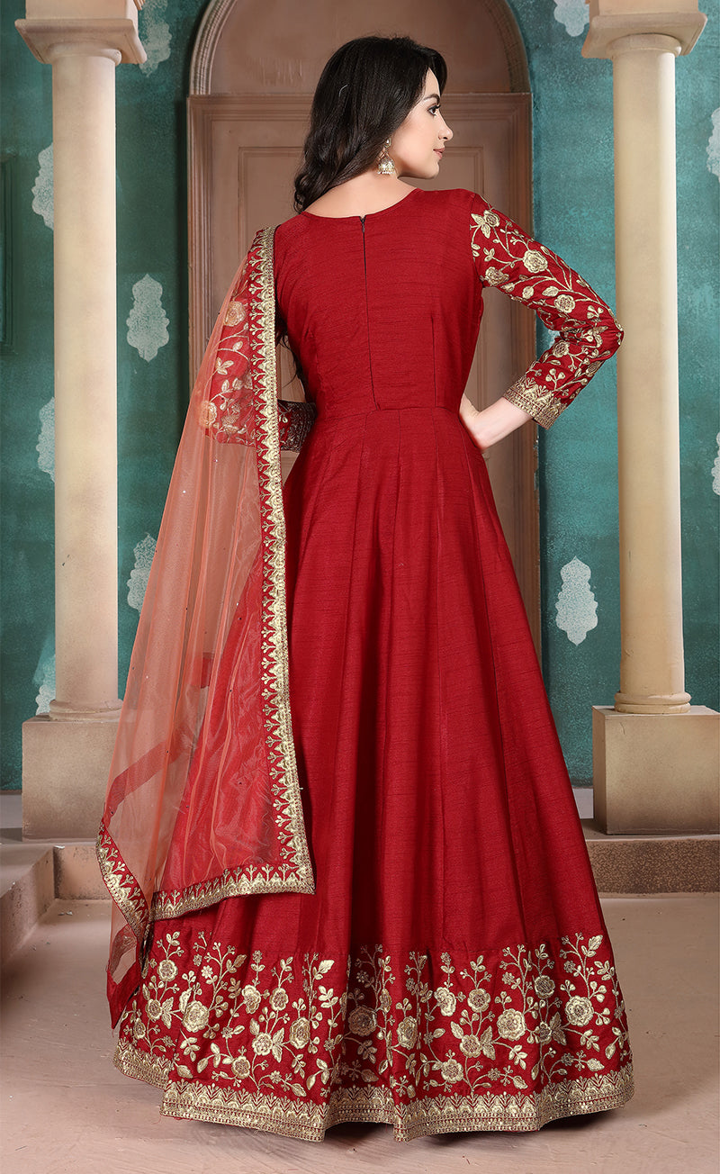 Monjolika Fashion Red Color Silk Embroidered Anarkali Suit