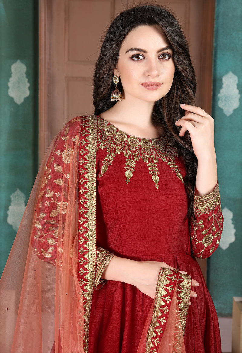 Monjolika Fashion Red Color Silk Embroidered Anarkali Suit