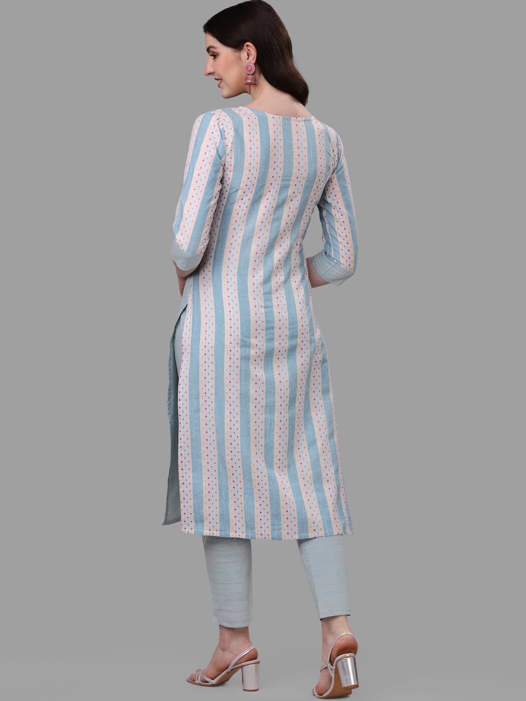 HERE&NOW Turquoise Blue Striped Regular Pure Cotton Kurta with Trousers & With Dupatta