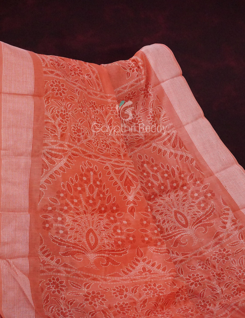 Mix of Peach and Orange Block Printed Semi Chanderi Saree By Gayathri Reddy Designer Studio