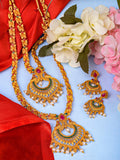 Saraf RS Jewellery Gold-Polished Red & Green Bridal Temple Jewellery Set