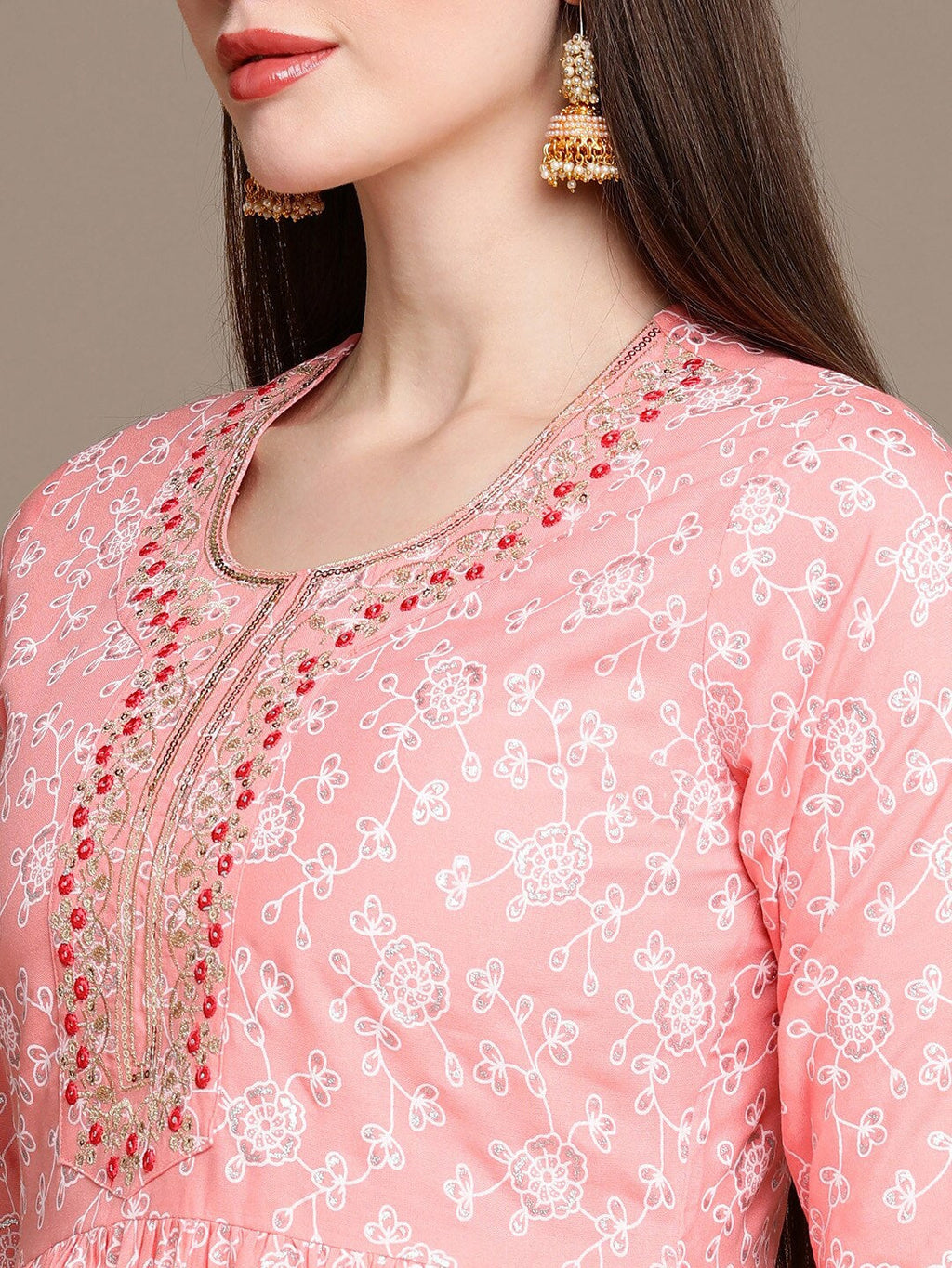 HERE&NOW Floral Printed Embroidered Sequinned High-Low Kurti with Trouserss