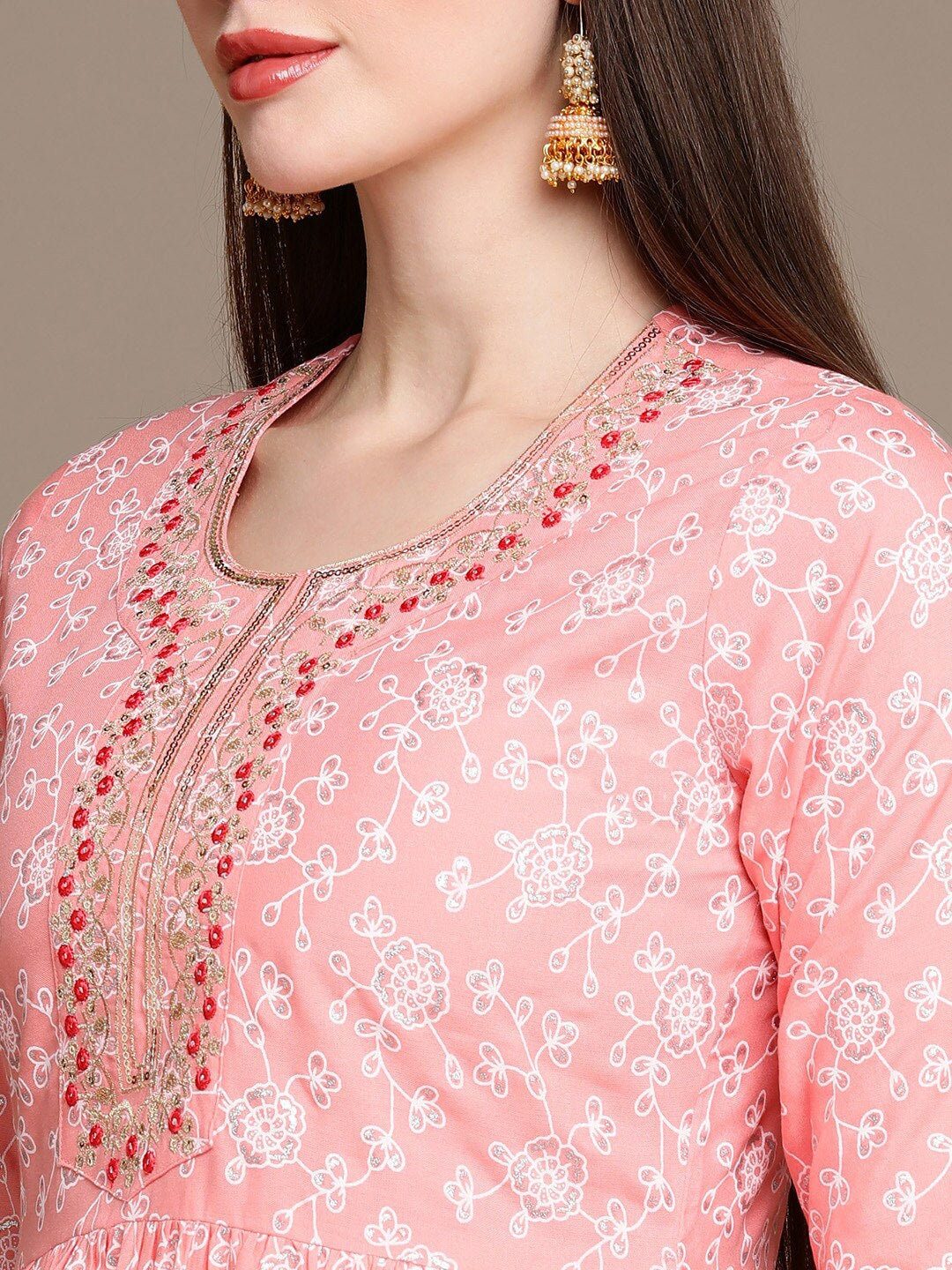 HERE&NOW Floral Printed Embroidered Sequinned High-Low Kurti with Trouserss