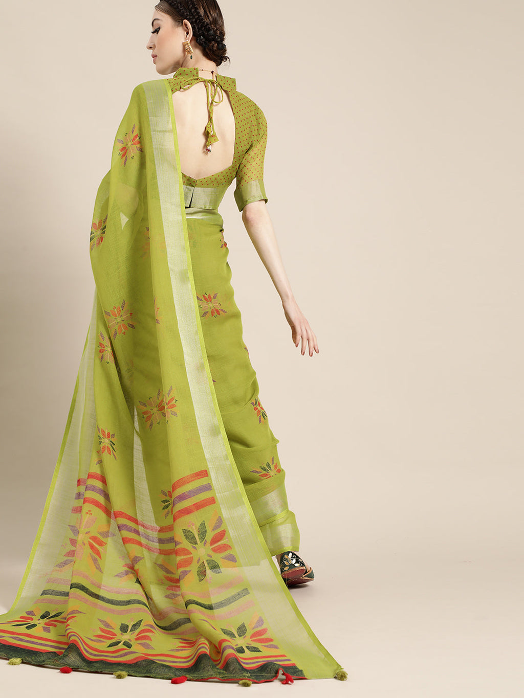 Saree Mall Saree Mall Elegant Green and Orange Linen Blend Saree