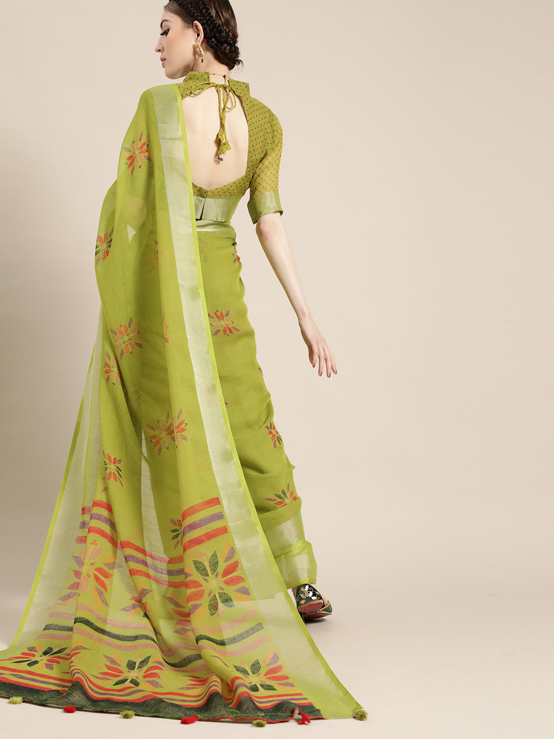 Saree Mall Saree Mall Elegant Green and Orange Linen Blend Saree