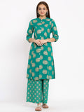 HERE&NOW Green Mandarin Collar Ethnic Motifs Printed A-Line Kurta