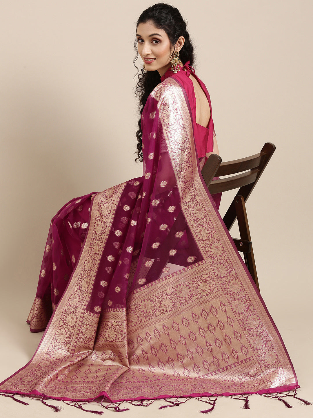 Saree Mall Magenta Ethnic Motifs Zari Organza Banarasi Saree