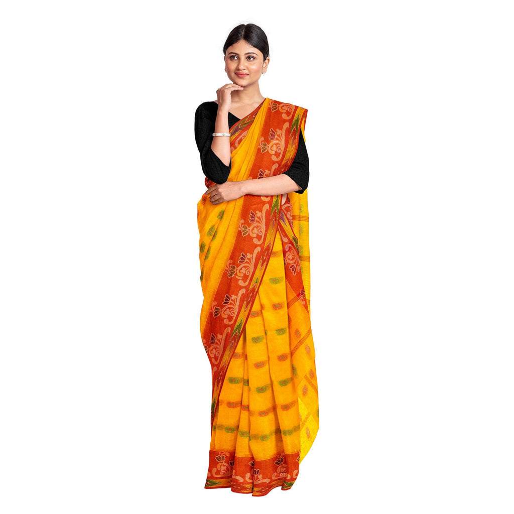 Exclusive Collection 100% Pure Cotton Yellow Tant Saree With Hand Weaving Work