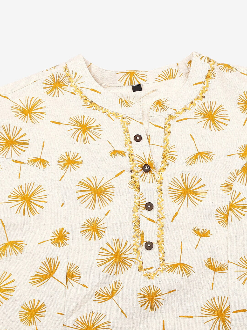 HERE&NOW Off White & Mustard Yellow Floral Printed Thread Work Sequinned Cotton Kurta