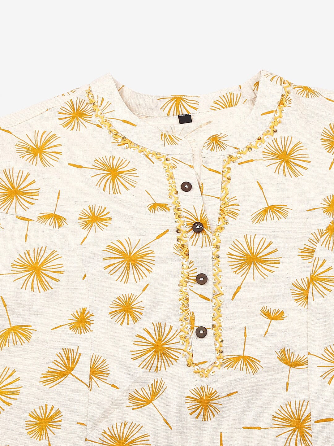 HERE&NOW Off White & Mustard Yellow Floral Printed Thread Work Sequinned Cotton Kurta