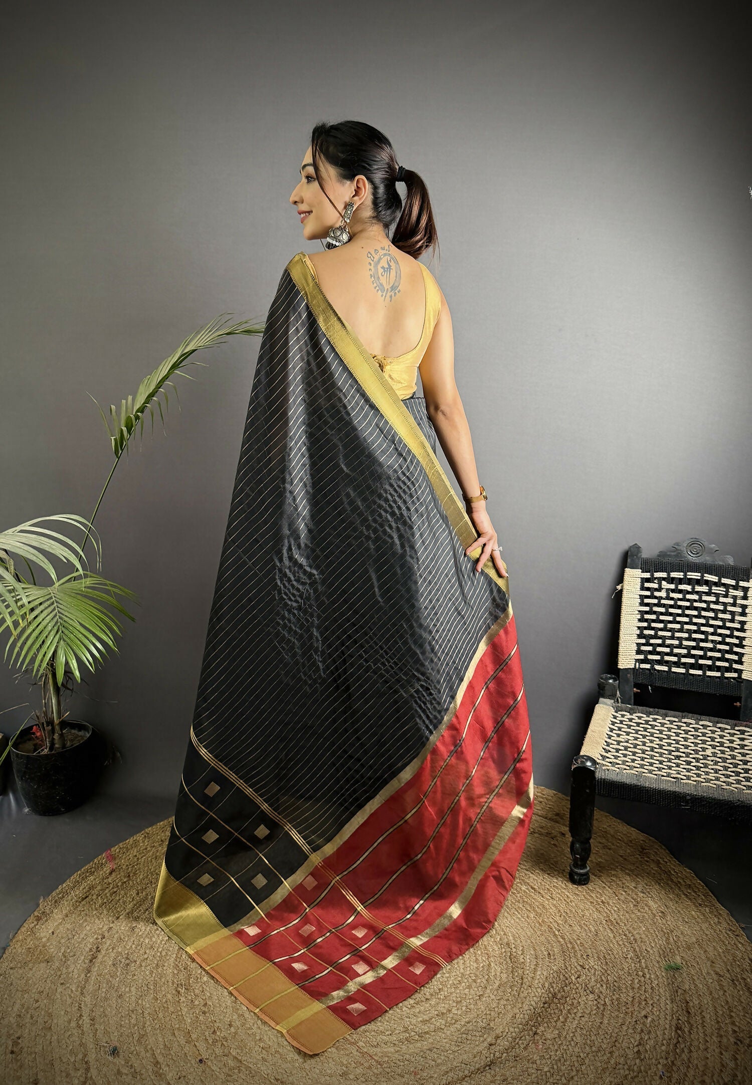 Joban Fashion Black Bhagalpuri Cotton Silk Stripes/Box Saree