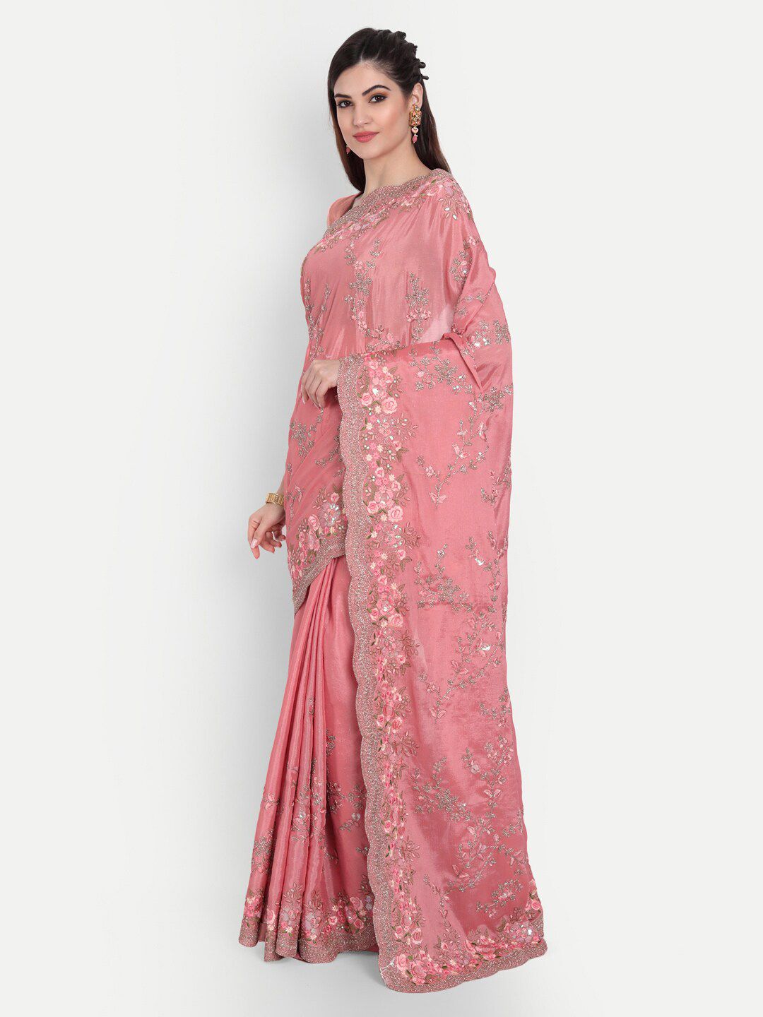 kasee Pink & Silver-Toned Floral Embroidered Pure Chiffon Saree