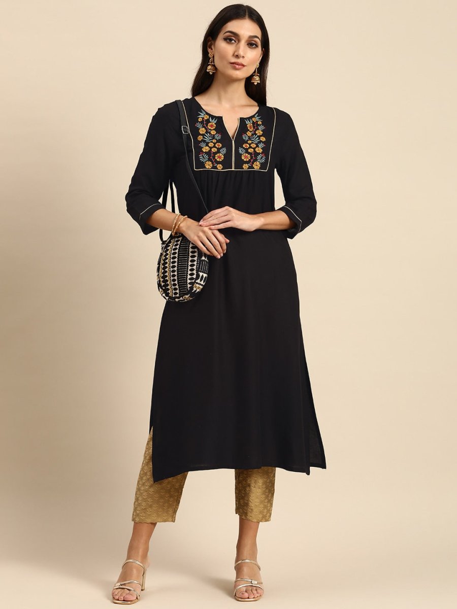 All About You Women Black Floral Yoke Design Embroidered Thread Work Straight Kurta