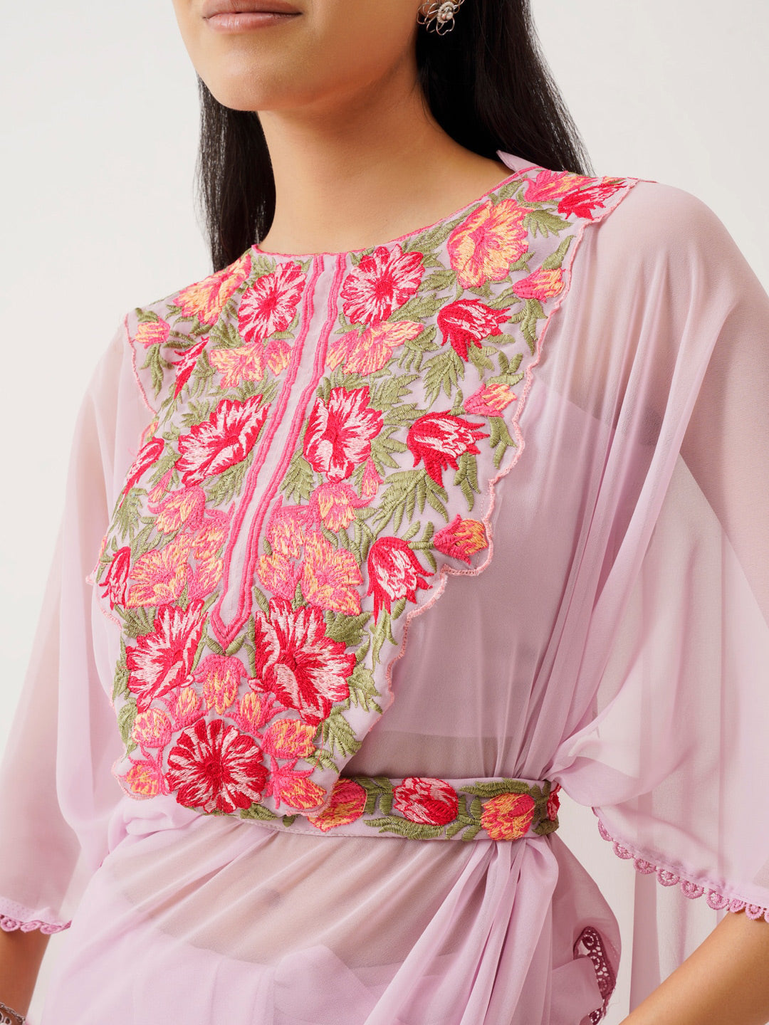 Tikhi Imli Lavender & Pink Floral Embroidered Belted Saree