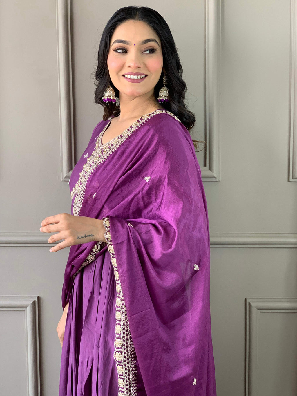 The52 Purple Embroidered Viscose Fabric Straight Kurta, Pant and Dupatta Set