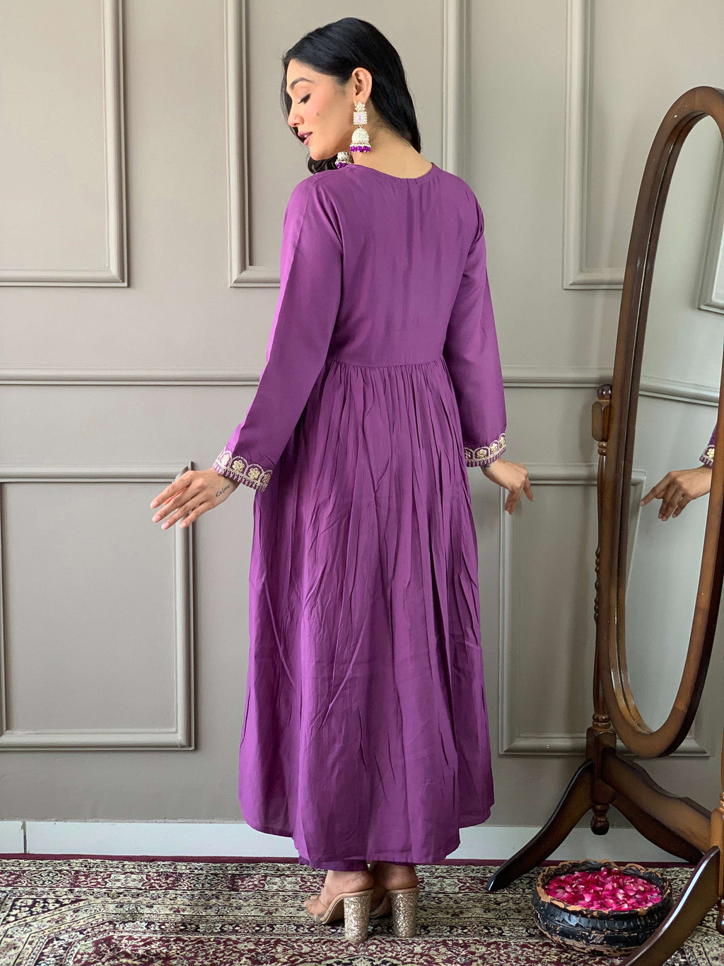 The52 Purple Embroidered Viscose Fabric Straight Kurta, Pant and Dupatta Set