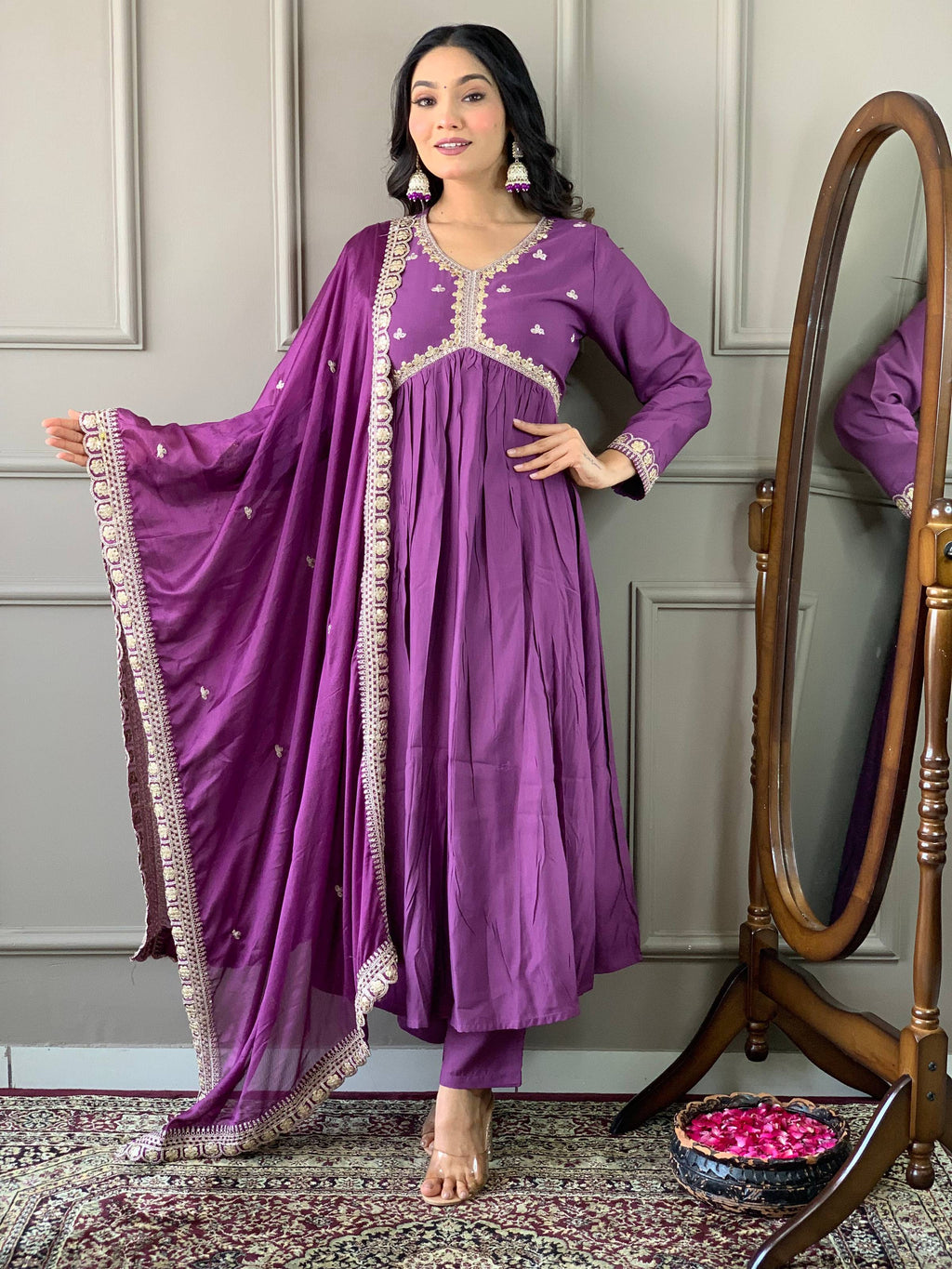 The52 Purple Embroidered Viscose Fabric Straight Kurta, Pant and Dupatta Set