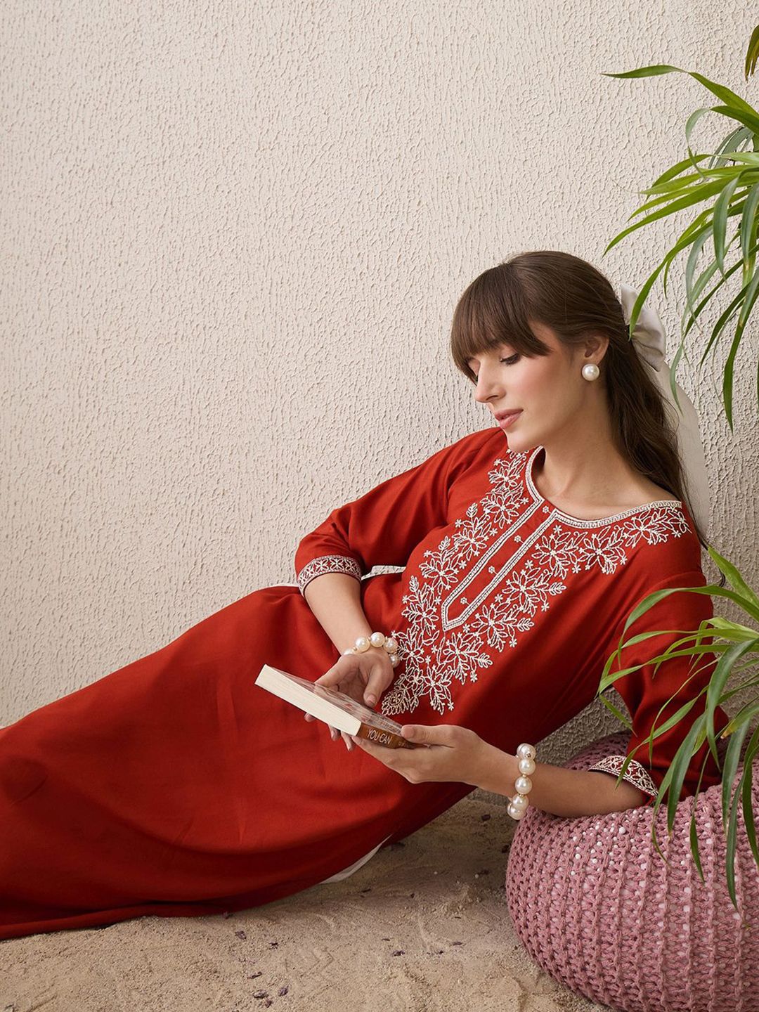 Indo Era Floral Yoke Design Thread Work Cotton Straight Kurta