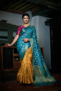 Vardha Sky Blue-Mustard Yellow Golden Zari Banarasi Raw Silk Saree