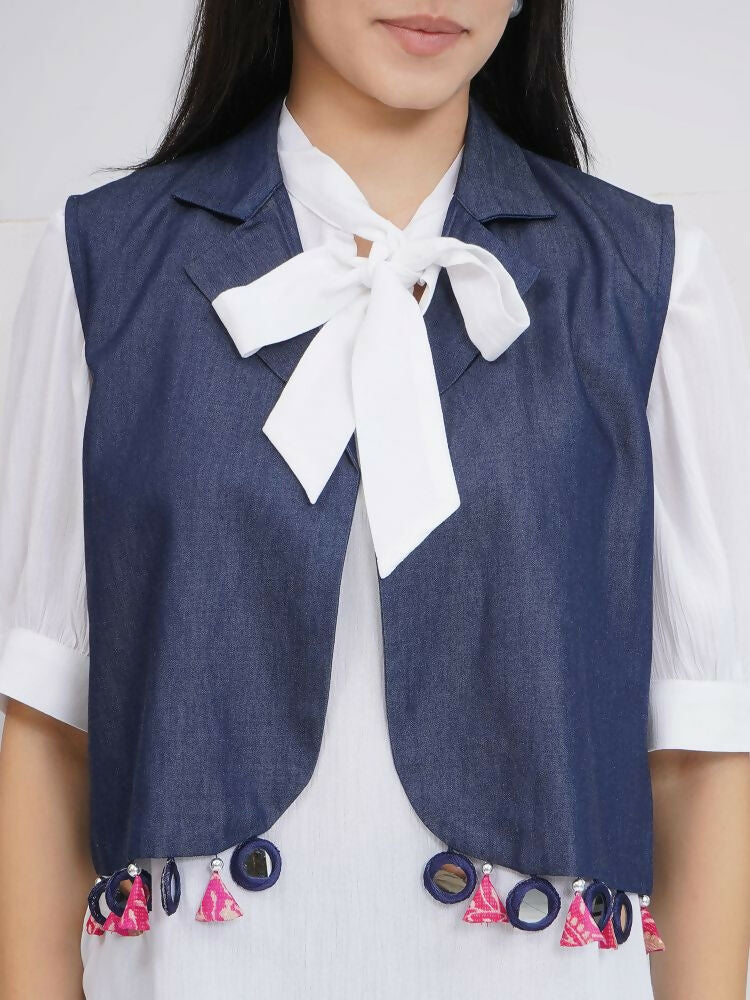 Joban Fashion White Rayon Crepe Hand-Embellished (Mirror Work) Sharara with Shirt and Jacket