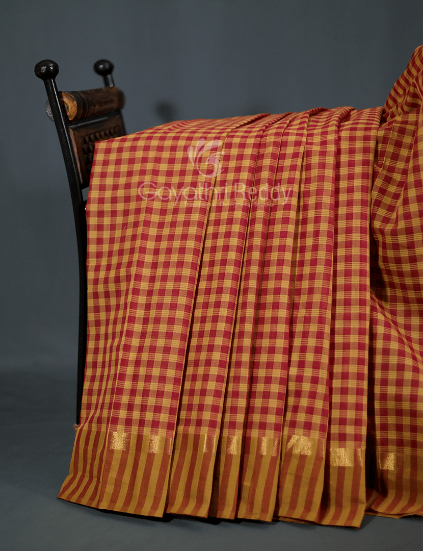 Mustard And Maroon Combo With Checks Pure Mangalgiri Cotton Saree By Gayathri Reddy Designer Studio