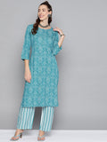 HERE&NOW Women Blue & White Bandhani Print Kurta with Striped Trousers