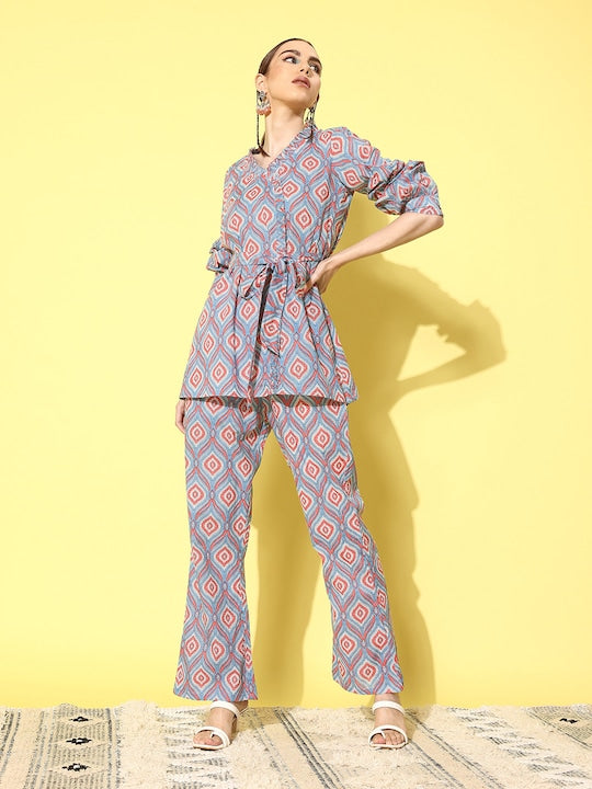 InWeave Women's Blue Pink Ogee Print Belted Coord Set