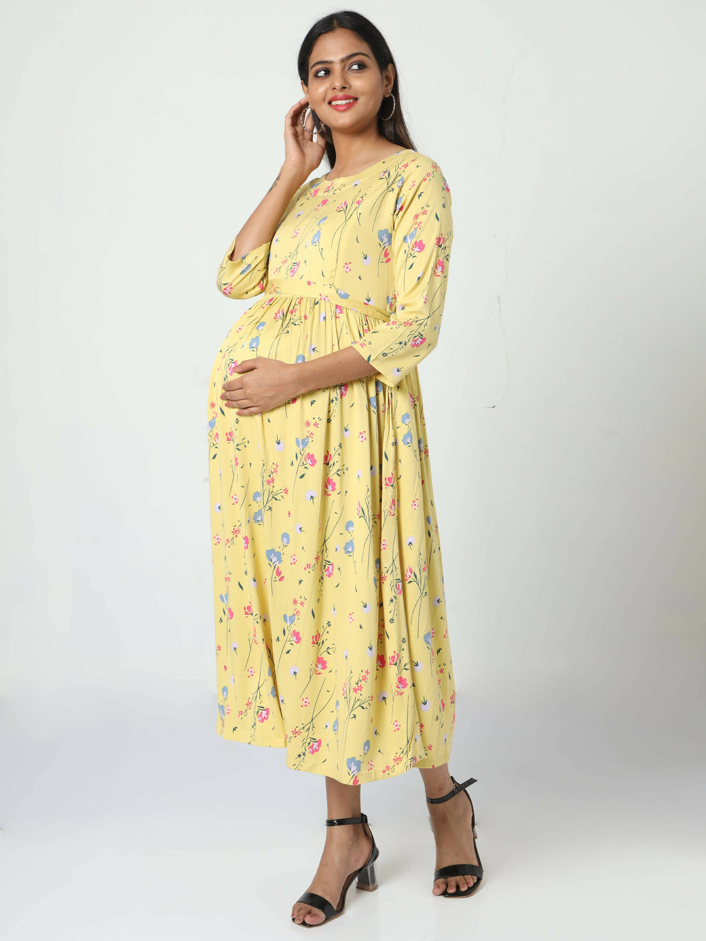 Manet Three Fourth Maternity Dress Floral Print With Concealed Zipper Nursing Access - Yellow