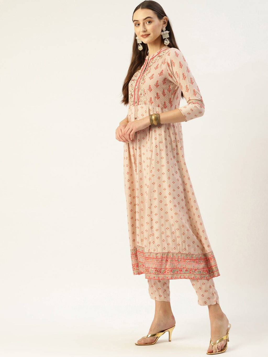 HERE&NOW Women Cream-Coloured Floral Embroidered Kurta with Trousers