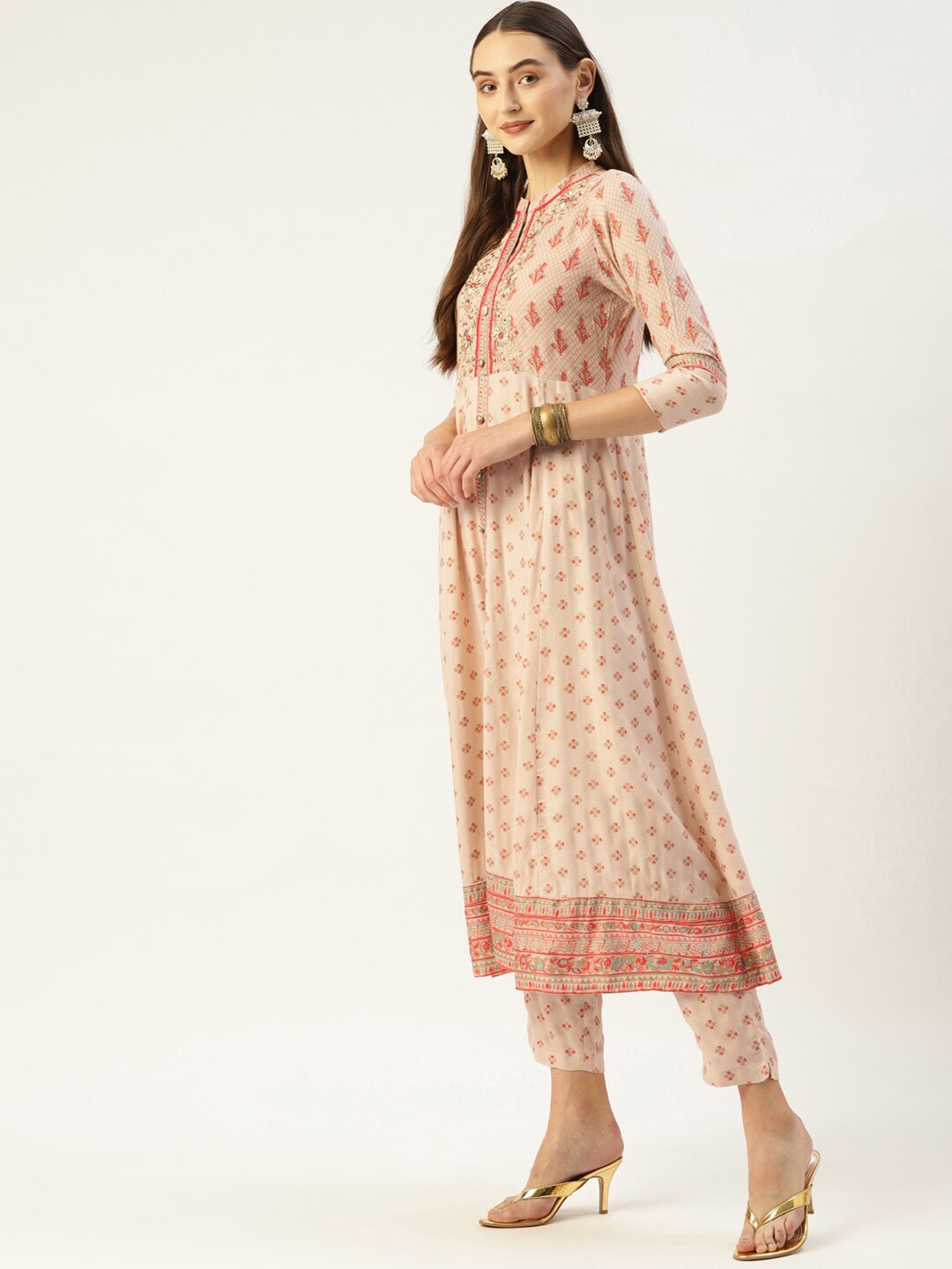 HERE&NOW Women Cream-Coloured Floral Embroidered Kurta with Trousers