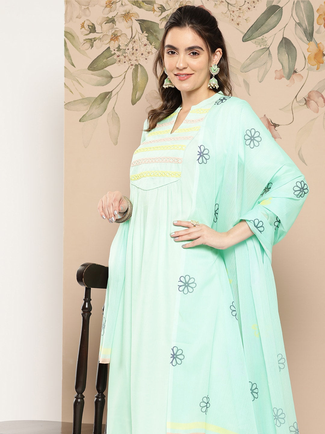 HERE&NOW Women Yoke Design Kurta with Trousers & Dupatta