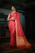 Vardha Rosewood Red Golden Zari Banarasi Raw Silk Saree