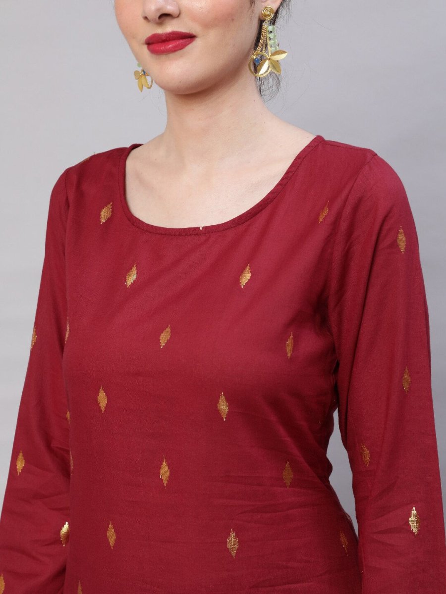 Aks Woven Design Round Neck Zari Cotton A-Line Kurta