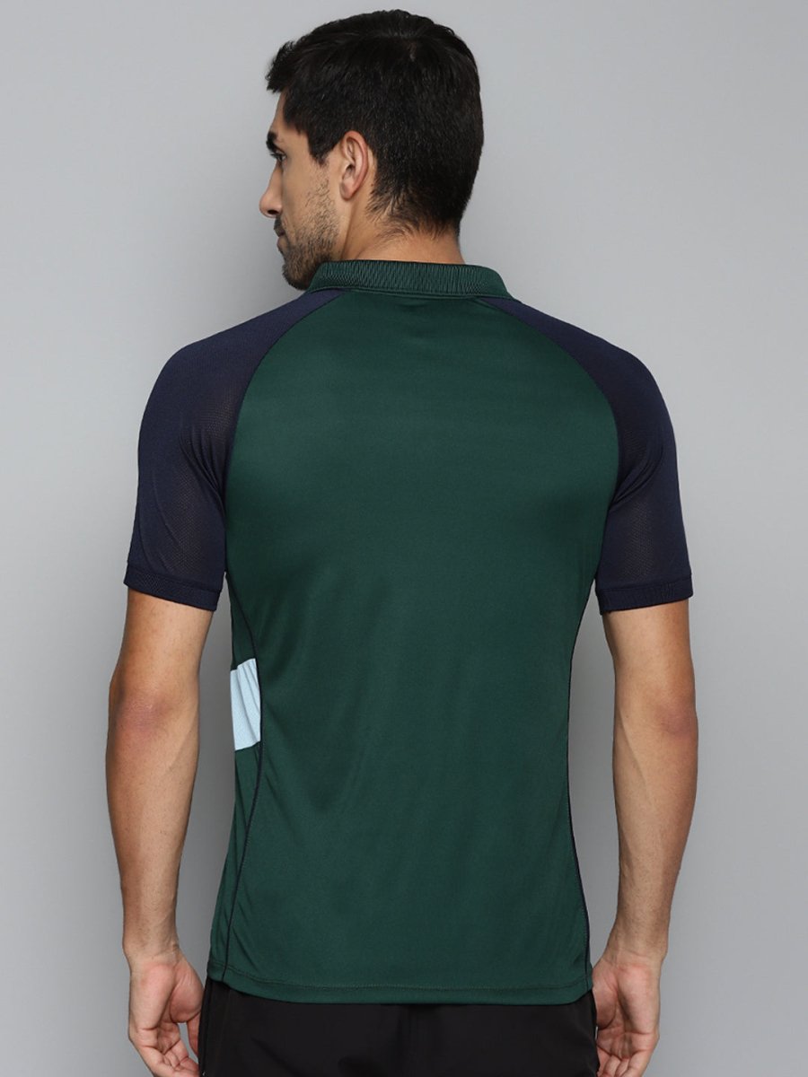 Alcis Men Green & Navy Blue Colourblocked Polo Collar Slim Fit Running T-shirt