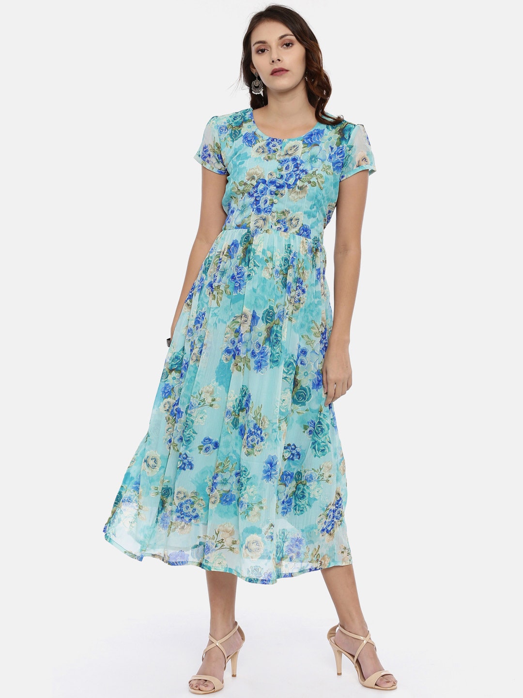 Souchii Sea Green & Blue Floral Printed A-Line Dress