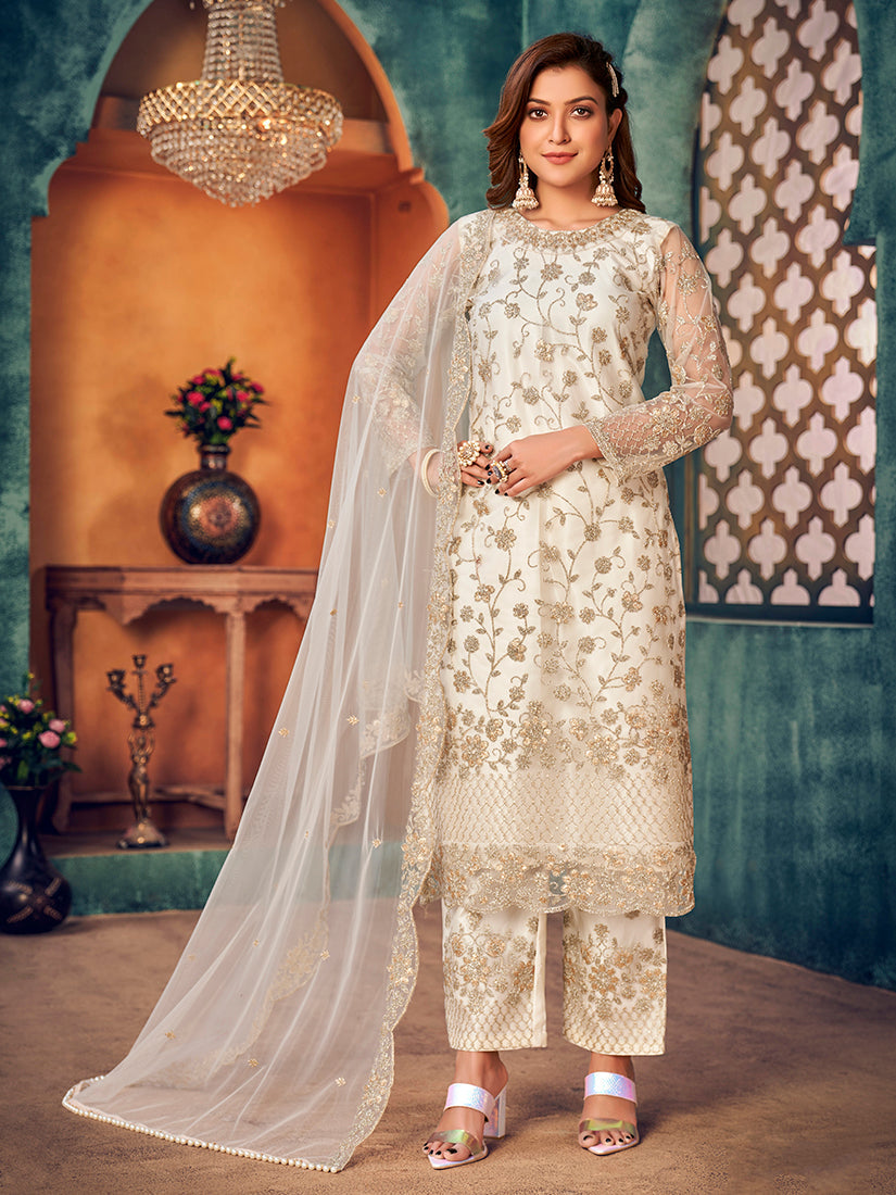 Monjolika Fashion White Color Trendy Designer Net Pakistani Salwar Kameez