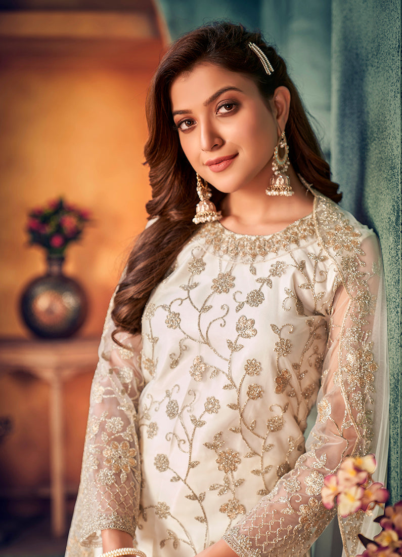 Monjolika Fashion White Color Trendy Designer Net Pakistani Salwar Kameez