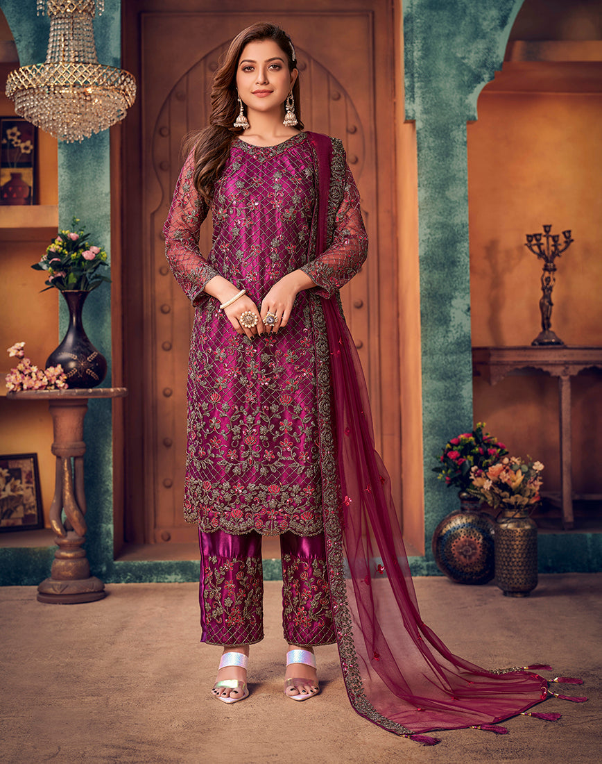 Monjolika Fashion Purple Color Trendy Designer Net Pakistani Salwar Kameez