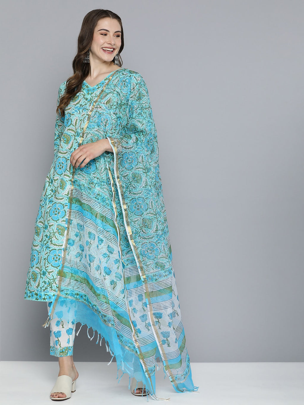 HERE&NOW Floral Printed Regular Pure Cotton Kurta with Trousers & With Dupatta