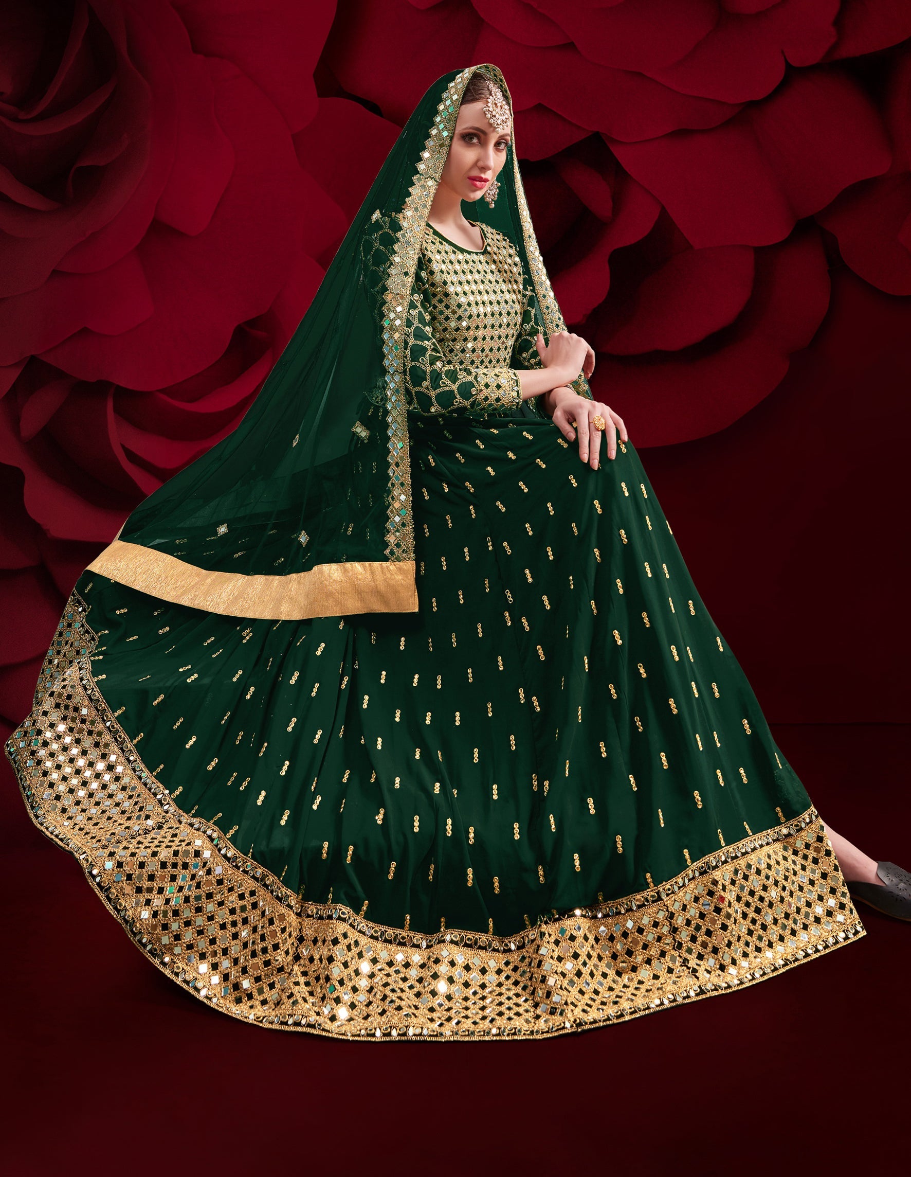 Monjolika Fashion Dark Green Color Georgette Festival Anarkali Salwar Suit