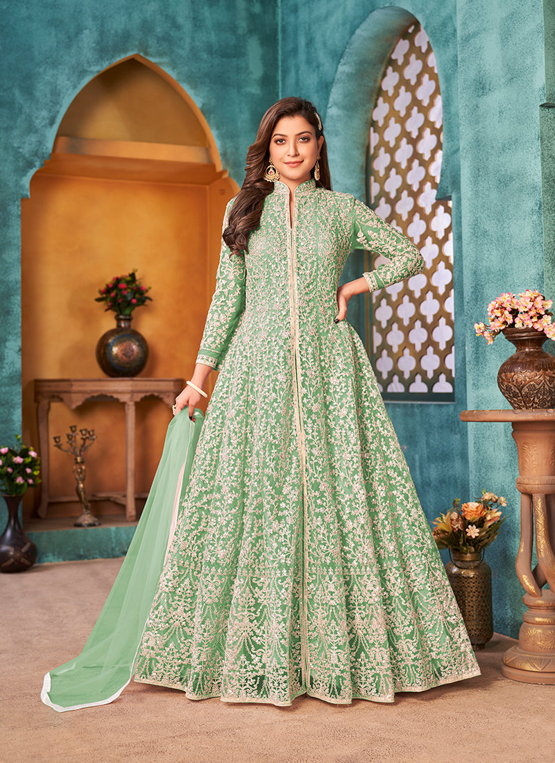 Monjolika Fashion Sea Green Color Net Designer Floor Length Suit