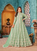 Monjolika Fashion Sea Green Color Net Designer Floor Length Suit