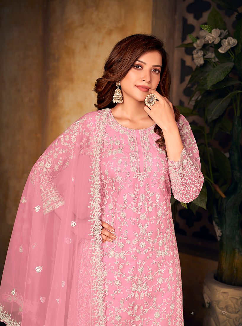 Monjolika Fashion Light Pink Color Net Embroidered Palazzo Suit