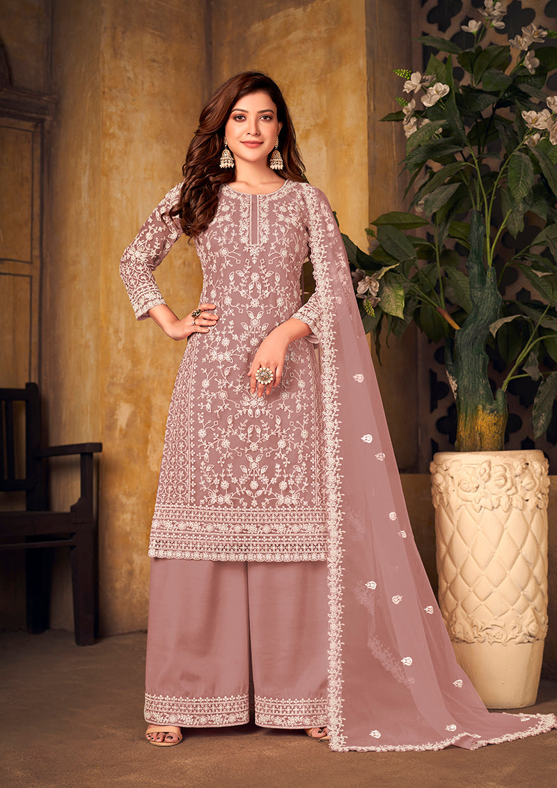 Monjolika Fashion Mauve Color Net Embroidered Palazzo Suit