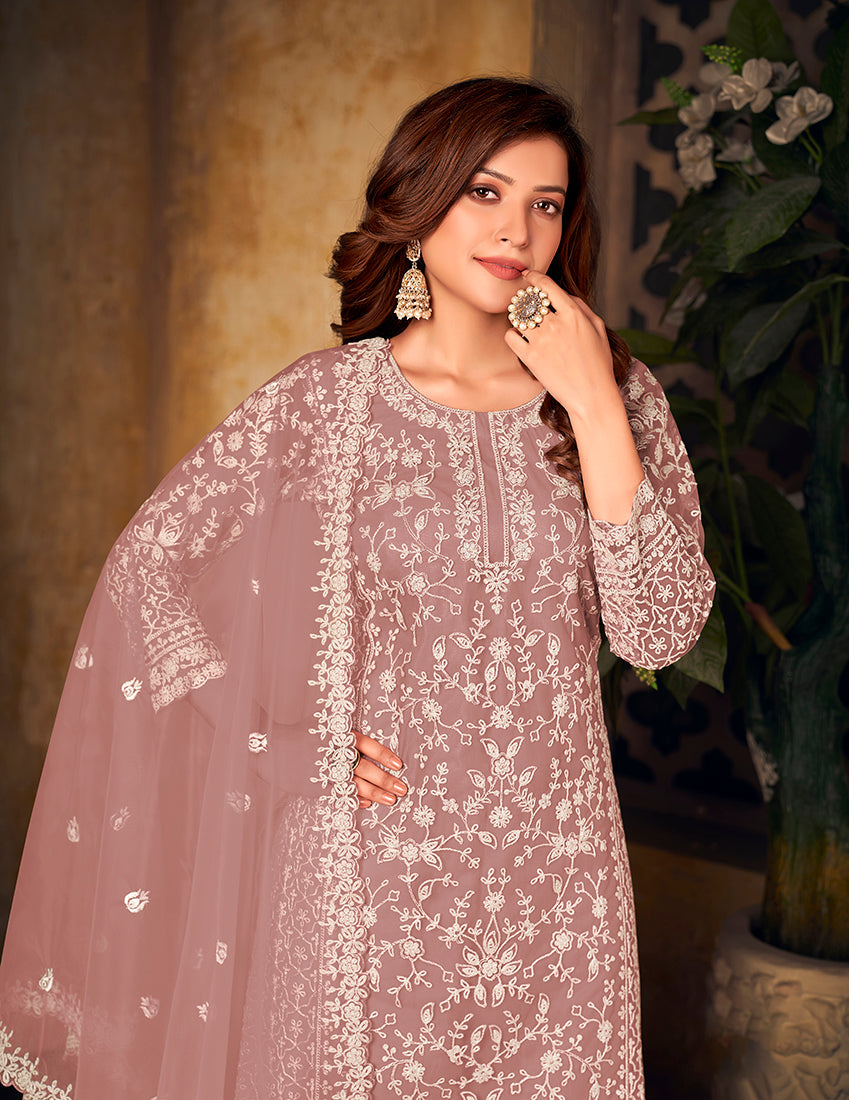 Monjolika Fashion Mauve Color Net Embroidered Palazzo Suit
