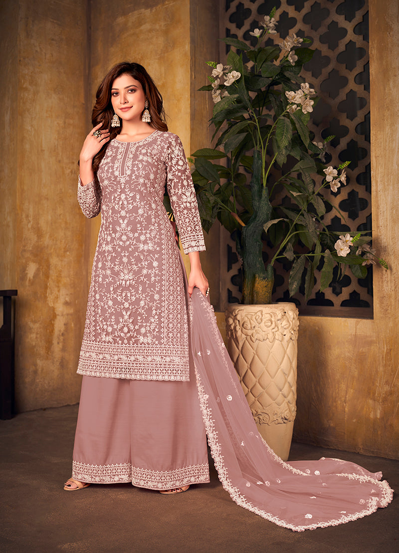 Monjolika Fashion Mauve Color Net Embroidered Palazzo Suit