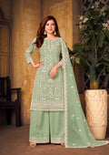 Monjolika Fashion Sea Green Color Net Embroidered Palazzo Suit