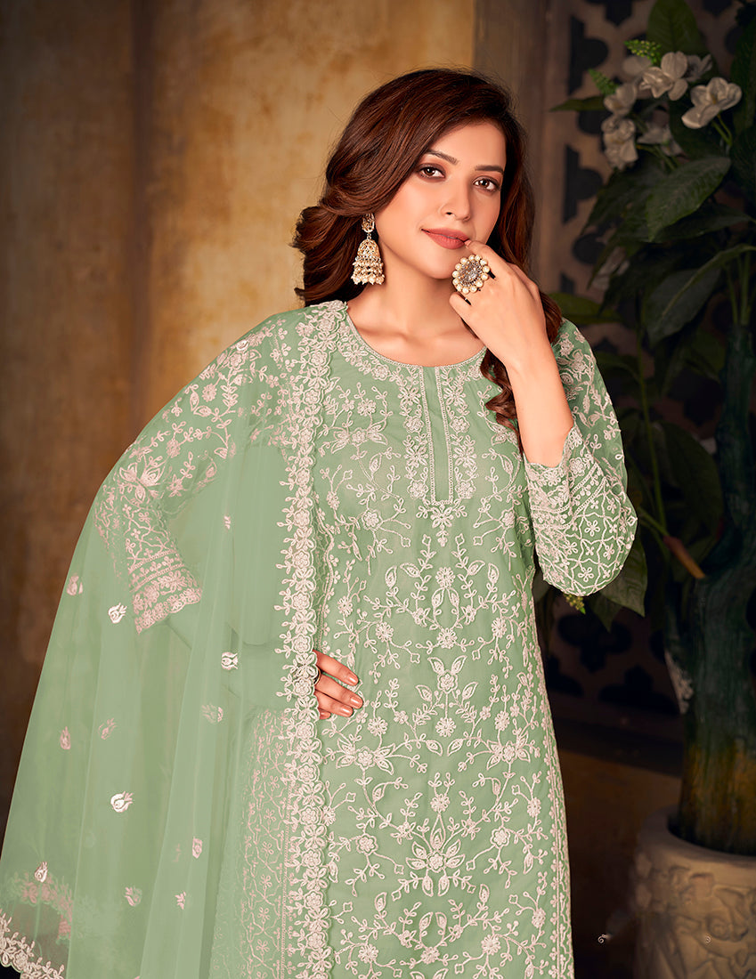 Monjolika Fashion Sea Green Color Net Embroidered Palazzo Suit