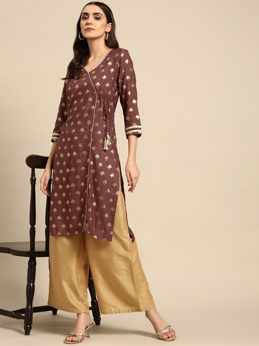 All About You Women Brown & Golden Ethnic Motifs Printed Gotta Patti Kurta